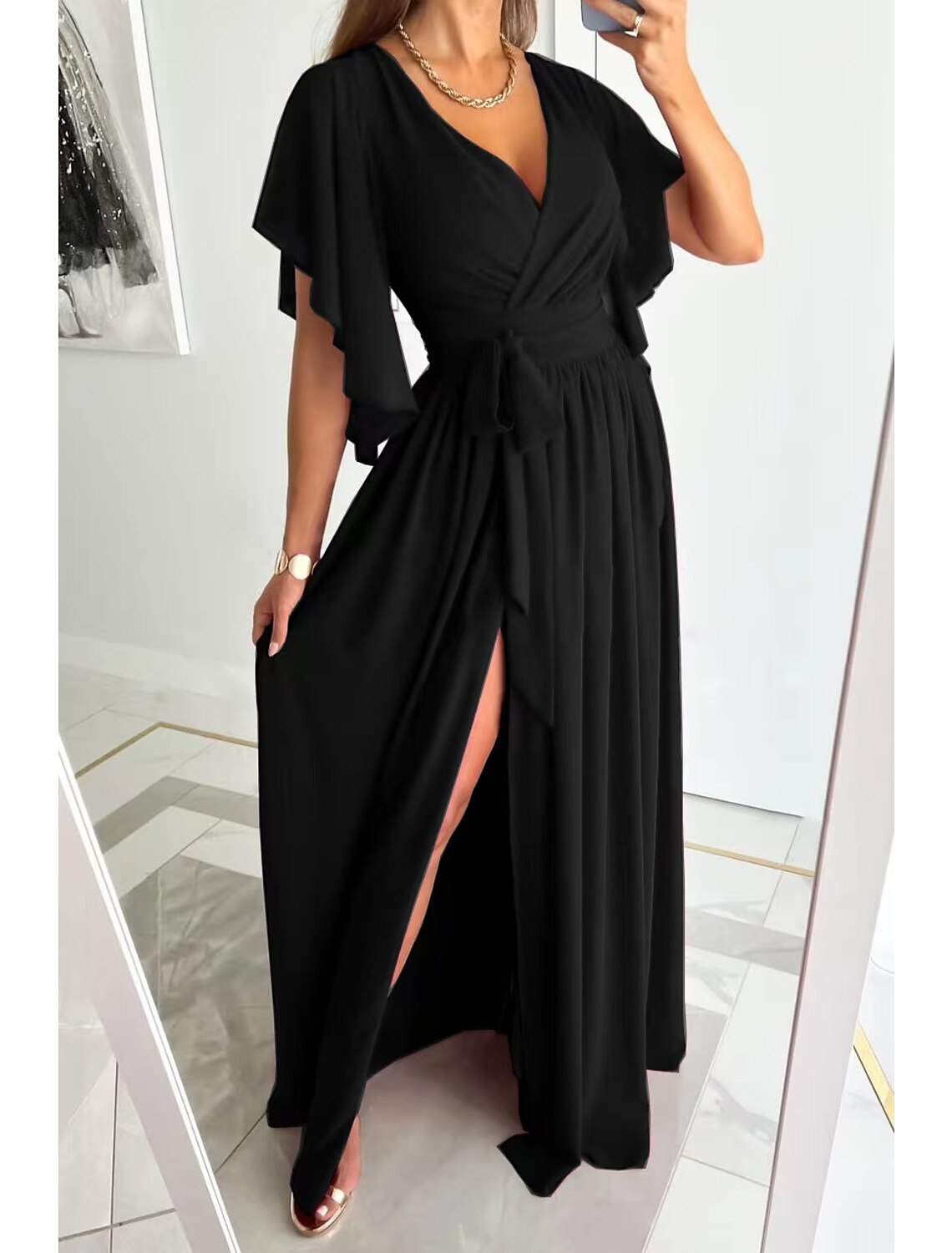 Wholesale Women's Party Dress Long Dress Maxi Dress Black Blue Khaki Short Sleeve Pure Color Patchwork Fall Autumn V Neck