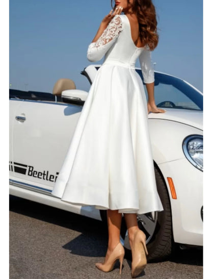 Wholesale Bridal Shower Little White Dresses Wedding Dresses A-Line Scoop Neck Half Sleeve Tea Length Satin Bridal Gowns With Appliques Solid Color