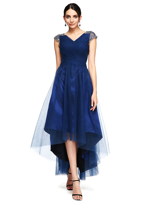 Wholesale  A-Line Special Occasion Dresses Open Back Dress Wedding Guest Prom Asymmetrical Short Sleeve V Neck Tulle with Criss Cross Beading