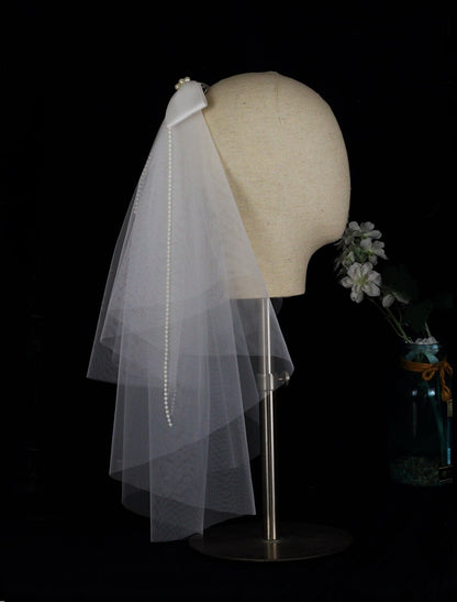 Wholesale Two-tier Cute Wedding Veil Elbow Veils with Faux Pearl / Satin Bow Tulle