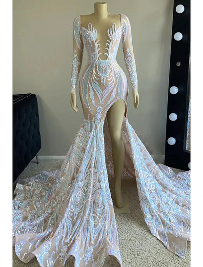 Wholesale Mermaid / Trumpet Evening Gown Floral Dress Carnival Formal Chapel Train Long Sleeve V Neck African American Sequined Backless with Sequin