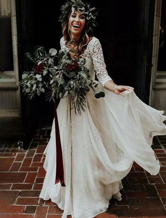 Wholesale  Boho Wedding Dresses Ball Gown V Neck 3/4 Length Sleeve Sweep / Brush Train Chiffon Bridal Suits Bridal Gowns With Pleats 2023 Summer Wedding Party, Women's Clothing