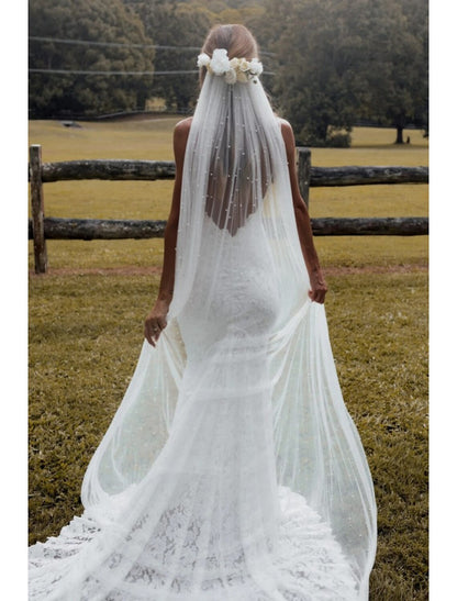 Wholesale One-tier Vintage Style / Pearls Wedding Veil Cathedral Veils with Faux Pearl 110.24 in (280cm) Tulle