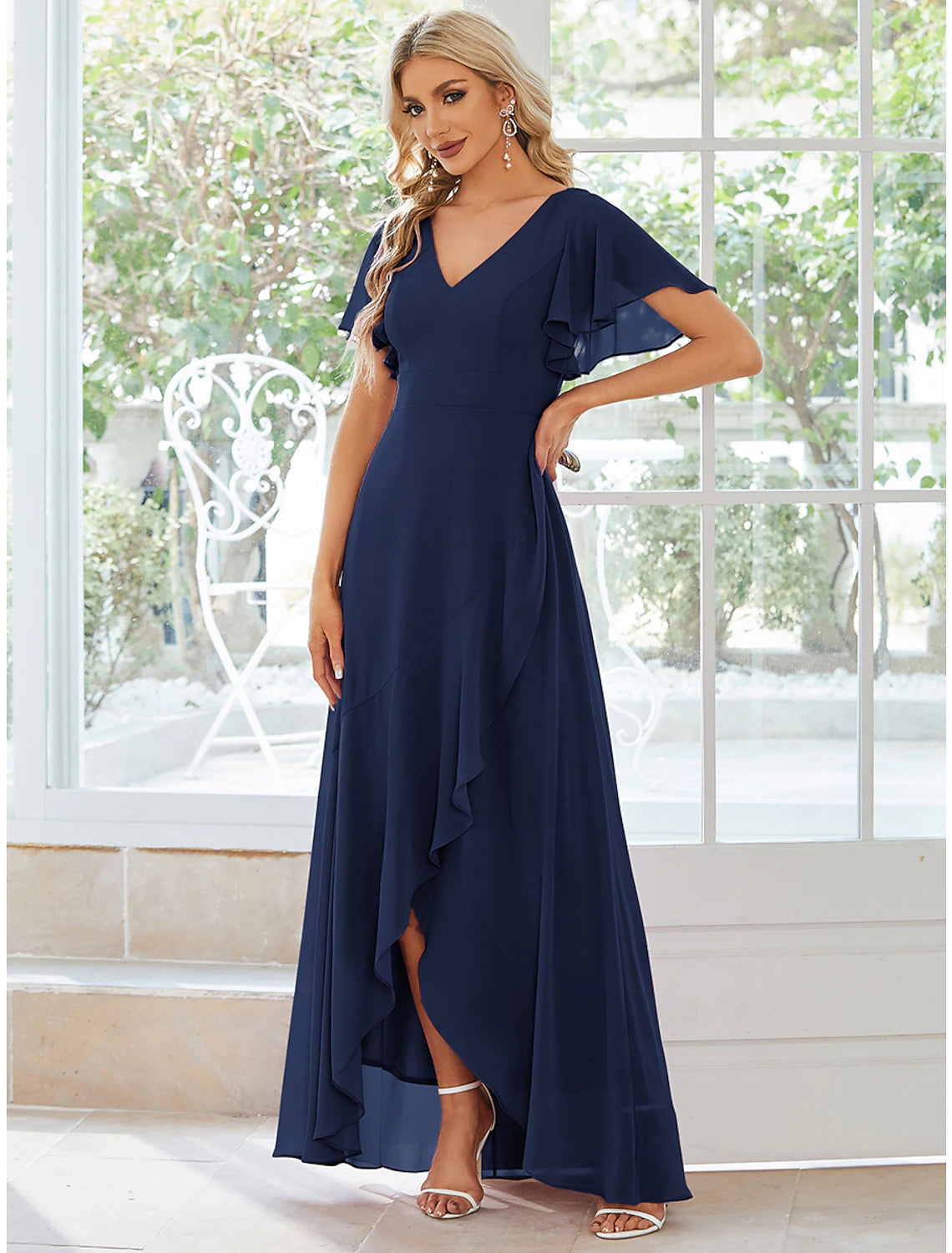 Wholesale A-Line Wedding Guest Dresses Casual Dress Party Wear Wedding Party Asymmetrical Short Sleeve V Neck Bridesmaid Dress Chiffon with Ruffles