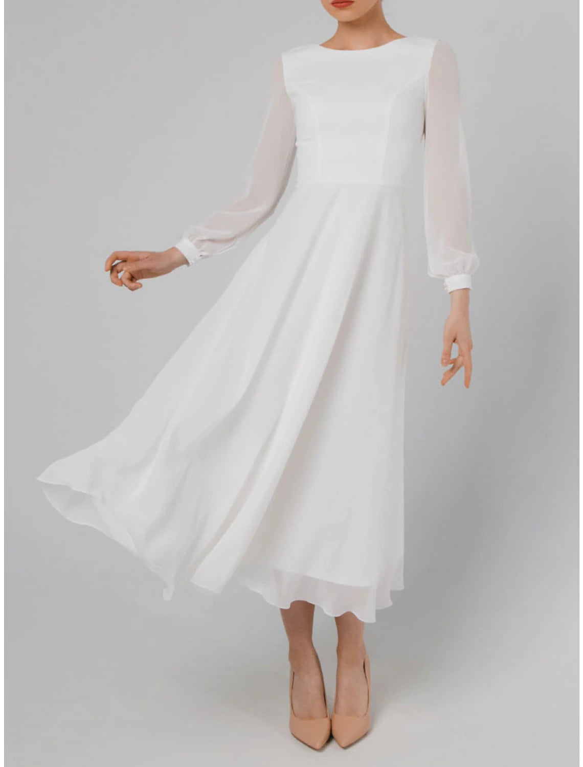 Wholesale A-Line Cocktail Dresses Little White Dresses Dress Wedding Reception Tea Length Long Sleeve Jewel Neck Fall Wedding Guest Cotton V Back with Ruffles Pure Color