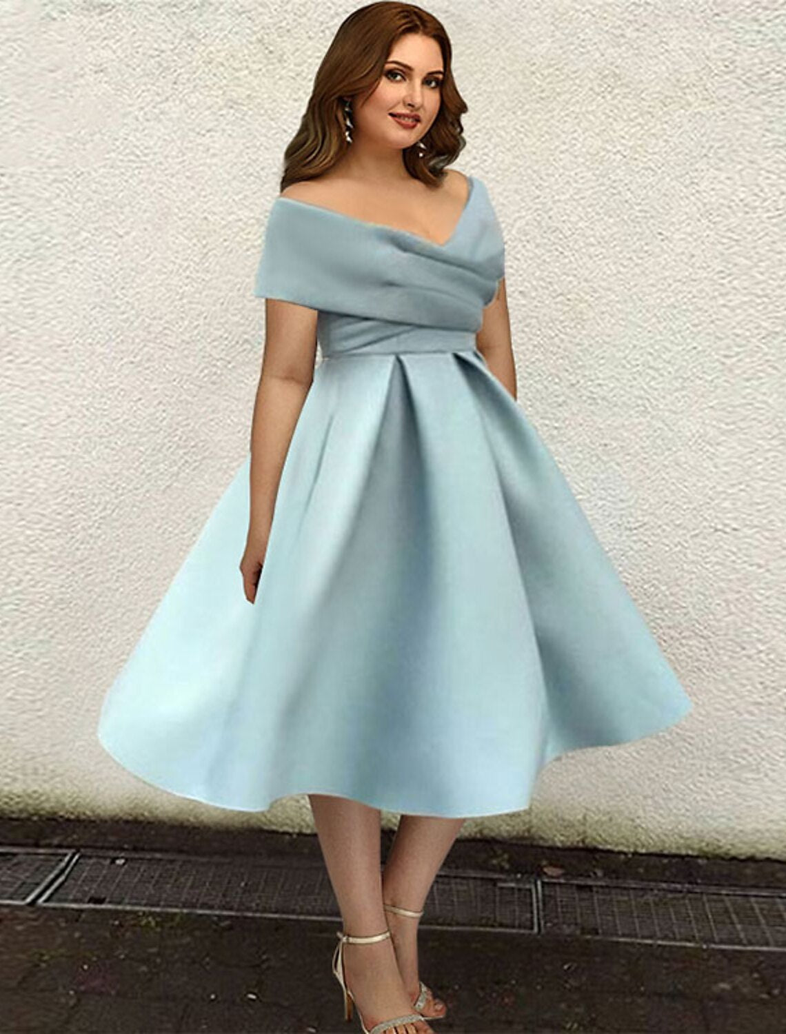 Wholesale A-Line Cocktail Dresses 1950s Dress Wedding Guest Cocktail Party Tea Length Short Sleeve V Neck Satin with Sleek Pleats