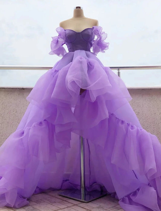 Wholesale A-Line Prom Dresses High Low Dress Quinceanera Asymmetrical Purple Short Sleeve Off Shoulder Tulle with Tier