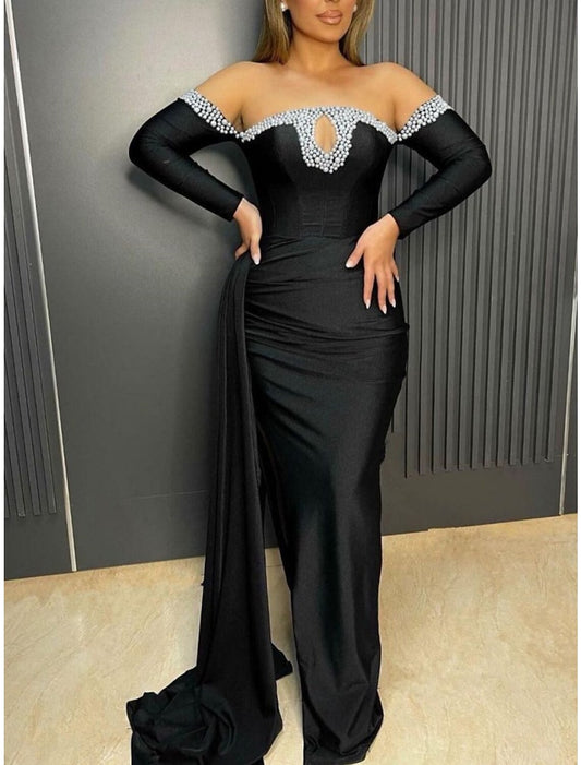 Wholesale Sheath / Column Evening Gown Elegant Dress Formal Sweep / Brush Train Black Dress Long Sleeve Off Shoulder Satin with Pleats Ruched Beading