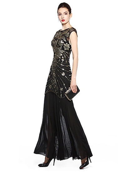 Wholesale A-Line Evening Gown Vintage Dress Holiday Party Wear Floor Length Sleeveless Jewel Neck Spandex V Back with Sequin Embroidery