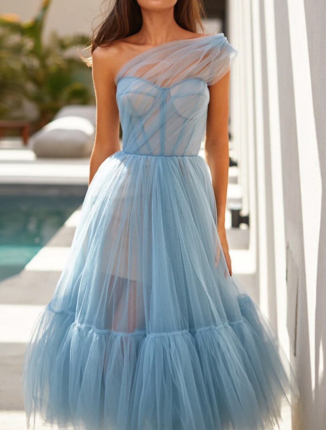 Wholesale A-Line Puffy Fairy Homecoming Wedding Guest Dress One Shoulder Sleeveless Ankle Length Tulle with Pleats