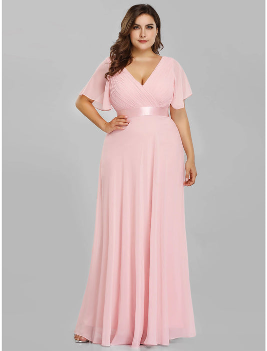 Wholesale A-Line Empire Fall Wedding Guest Dress For Bridesmaid Plus Size Formal Evening Dress V Neck Short Sleeve Floor Length Chiffon with Pleats Ruched