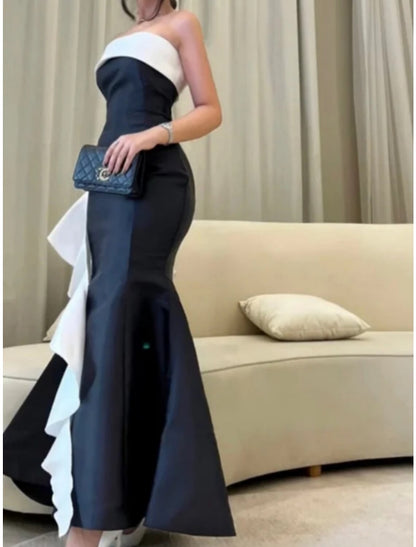 Wholesale A-Line Evening Gown Elegant Dress Formal Ankle Length Black Dress Sleeveless Strapless Satin with Ruffles