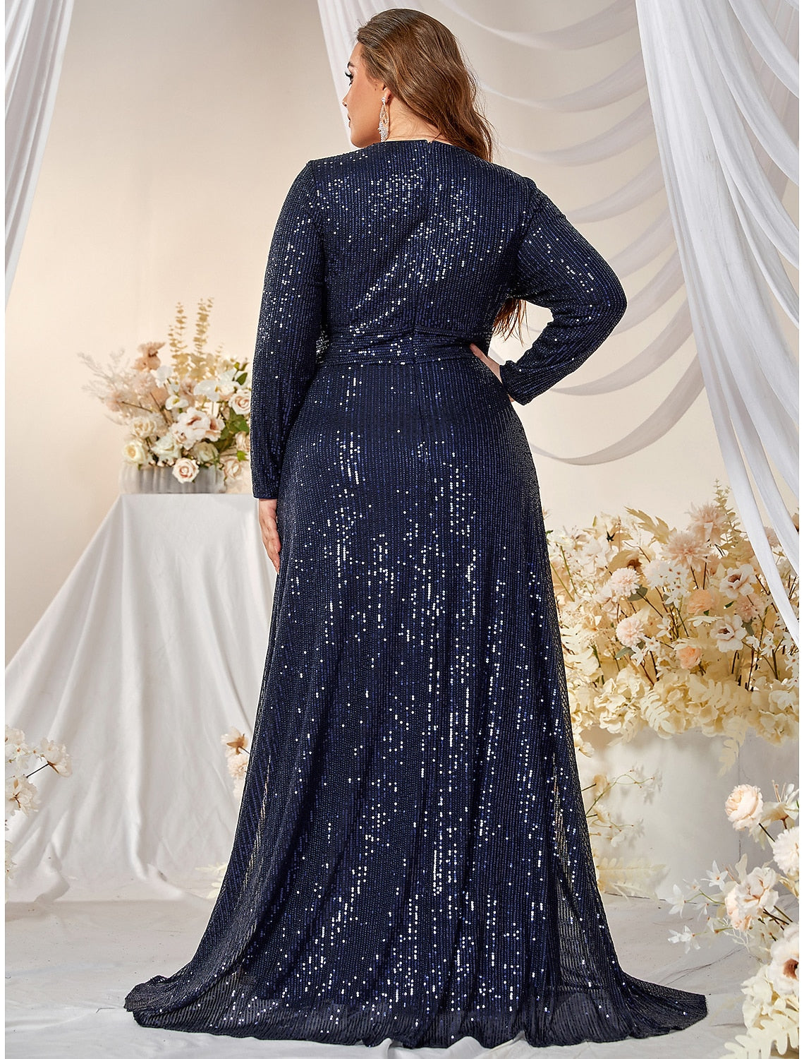 Wholesale A-Line Evening Gown Plus Size Dress Formal Wedding Sweep / Brush Train Long Sleeve V Neck Polyester with Sequin