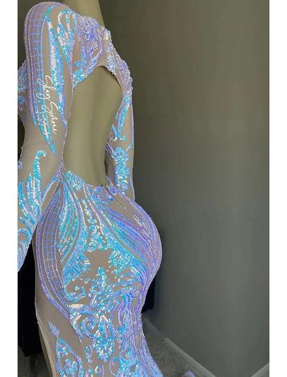 Wholesale Mermaid / Trumpet Evening Gown Floral Dress Carnival Formal Chapel Train Long Sleeve V Neck African American Sequined Backless with Sequin