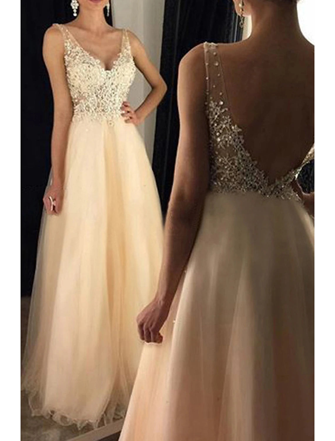 Wholesale A-Line Prom Dresses Sparkle & Shine Dress Formal Wedding Guest Floor Length Sleeveless V Neck Tulle V Back with Beading Appliques