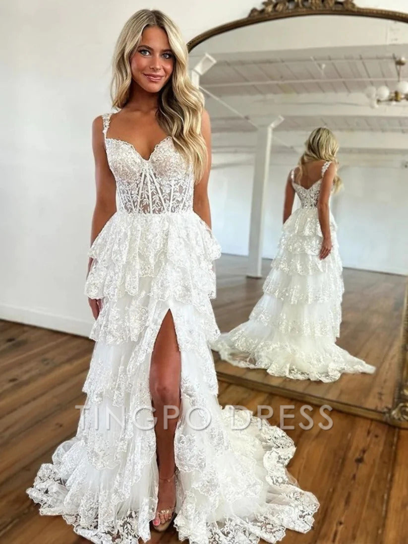 TingPo Wholesale Tulle Appliques Off-the-Shoulder Ruffle Long Prom Dress Sweetheart Tiered Skirt Corset Lace Formal Dresses