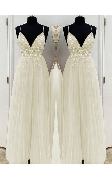 TingPo Wholesale Elegant A-Line/Elegant Beading Tulle Spaghetti Straps Sleeveless Floor-Length Prom Dresses