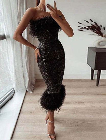 Wholesale Sheath / Column Cocktail Black Dress Sparkle & Shine Dress Party Wear Wedding Guest Tea Length Sleeveless Strapless Sequined with Feather Sequin