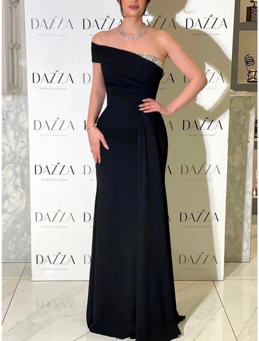 Wholesale Sheath / Column Evening Gown Elegant Dress Formal Sweep / Brush Train Black Dress Sleeveless One Shoulder Satin with Pleats Sequin