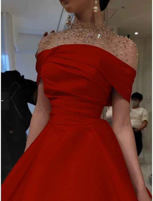 Wholesale A-Line Evening Gown Elegant Dress Formal Christmas Red Green Dress Floor Length Short Sleeve Illusion Neck Satin with Ruched Beading