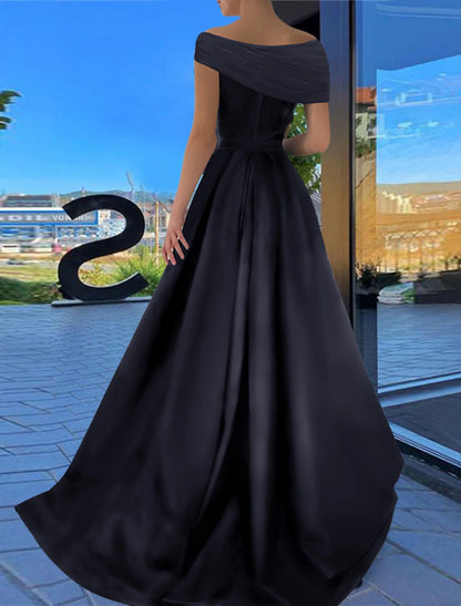 Wholesale A-Line Prom Dresses Little Black Dress Dress Formal Wedding Party Floor Length Short Sleeve Off Shoulder Satin with Ruched