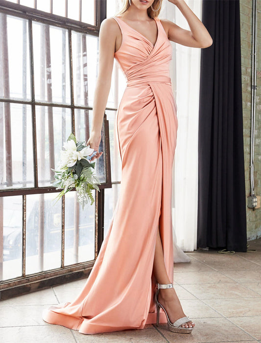 Wholesale Mermaid / Trumpet Bridesmaid Dress V Neck Sleeveless Pink Sweep / Brush Train Satin with Split Front / Ruching