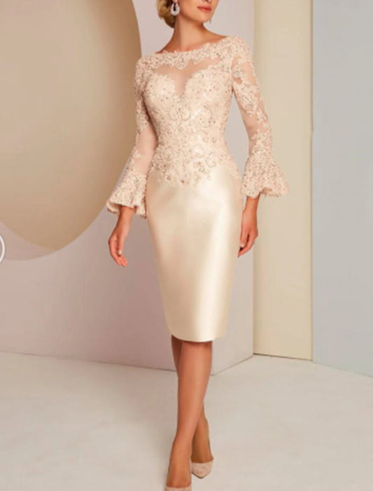 Wholesale Sheath / Column Mother of the Bride Dress Fall Wedding Guest Vintage Luxurious Plus Size Jewel Neck Knee Length Satin Lace Long Sleeve with Beading Appliques