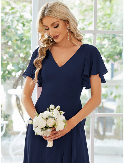 Wholesale A-Line Wedding Guest Dresses Casual Dress Party Wear Wedding Party Asymmetrical Short Sleeve V Neck Bridesmaid Dress Chiffon with Ruffles