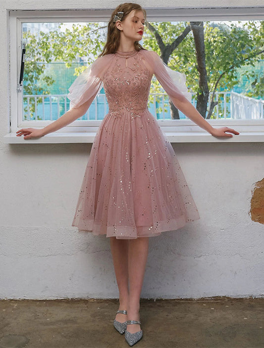 Wholesale A-Line Cocktail Dresses Party Dress Engagement Knee Length 3/4 Length Sleeve Jewel Neck Tulle with Sequin Appliques