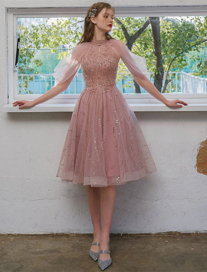 Wholesale A-Line Cocktail Dresses Party Dress Graduation Engagement Knee Length 3/4 Length Sleeve Jewel Neck Tulle with Sequin Appliques