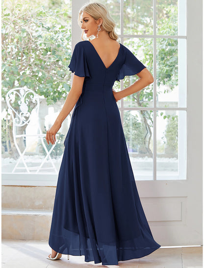 Wholesale A-Line Wedding Guest Dresses Casual Dress Party Wear Wedding Party Asymmetrical Short Sleeve V Neck Bridesmaid Dress Chiffon with Ruffles