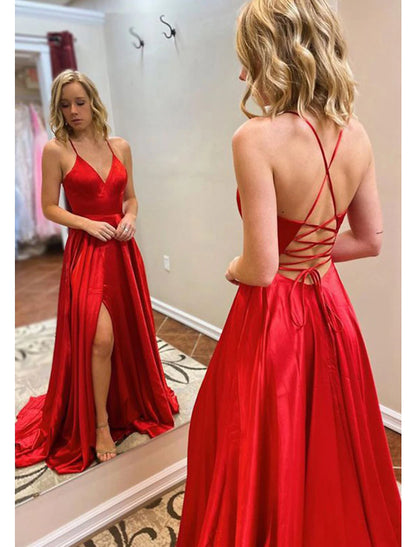 Wholesale A-Line Prom Dresses Open Back Dress Formal Wedding Guest Sweep / Brush Train Sleeveless V Neck Imitation Silk Backless with Slit