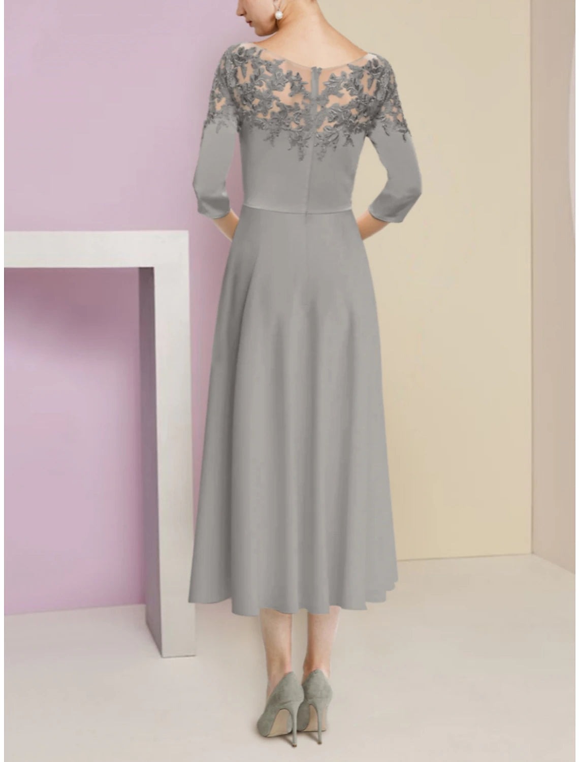 Wholesale A-Line Mother of the Bride Dress Wedding Guest Elegant Scoop Neck Tea Length Stretch Chiffon Half Sleeve with Lace Ruching Solid Color