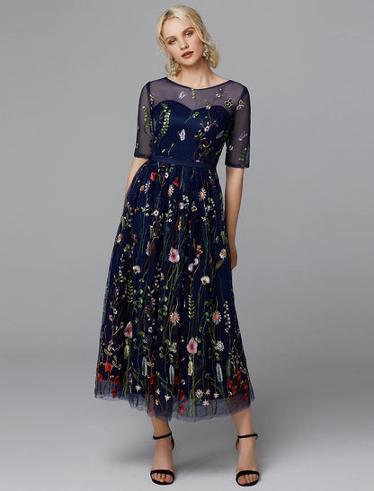 Wholesale A-Line Floral Dress Holiday Wedding Guest Tea Length Half Sleeve Illusion Neck Lace with Embroidery Appliques