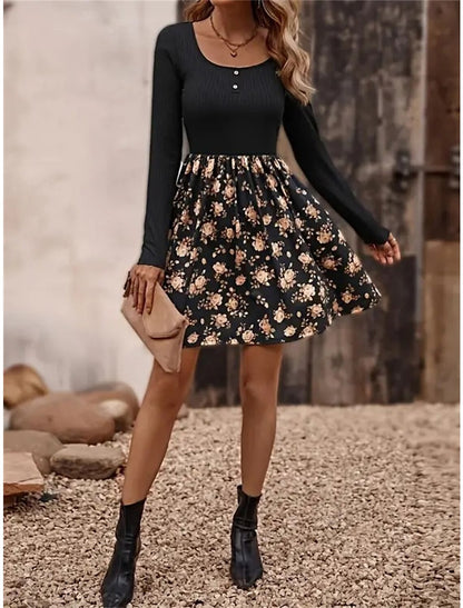 Wholesale Women's Party Dress Homecoming Dress Cocktail Dress Mini Dress Black Long Sleeve Floral Print Summer Spring Fall U Neck Party Wedding Guest Vacation