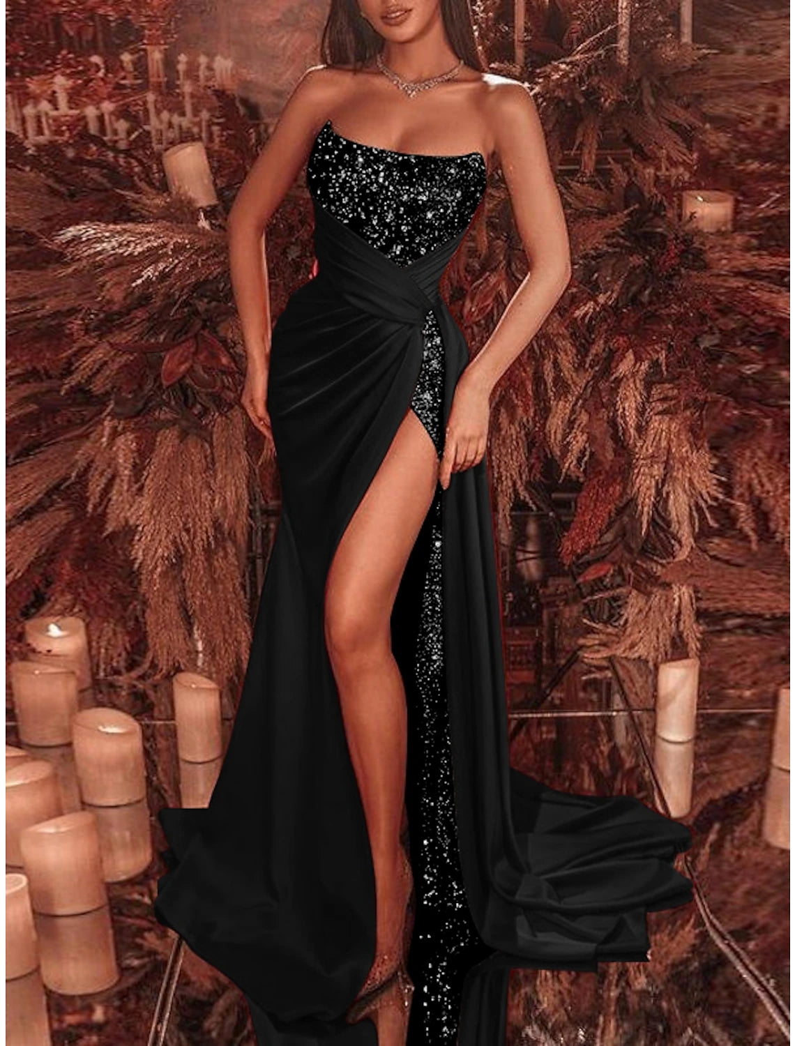 Wholesale Sheath Black Dress Evening Gown Celebrity Style Dress Formal Court Train Sleeveless Strapless Sequined with Ruched Sequin Slit