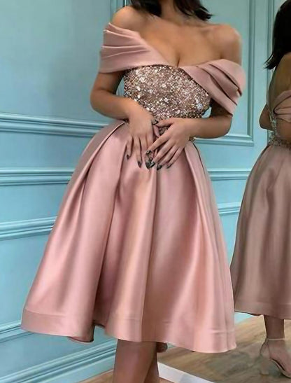 Wholesale Women's Pink Sequin Dress Party Dress Sparkly Dress Homecoming Dress Dress Swing Dress Midi Dress Sleeveless Fall Spring Summer Off Shoulder Fashion