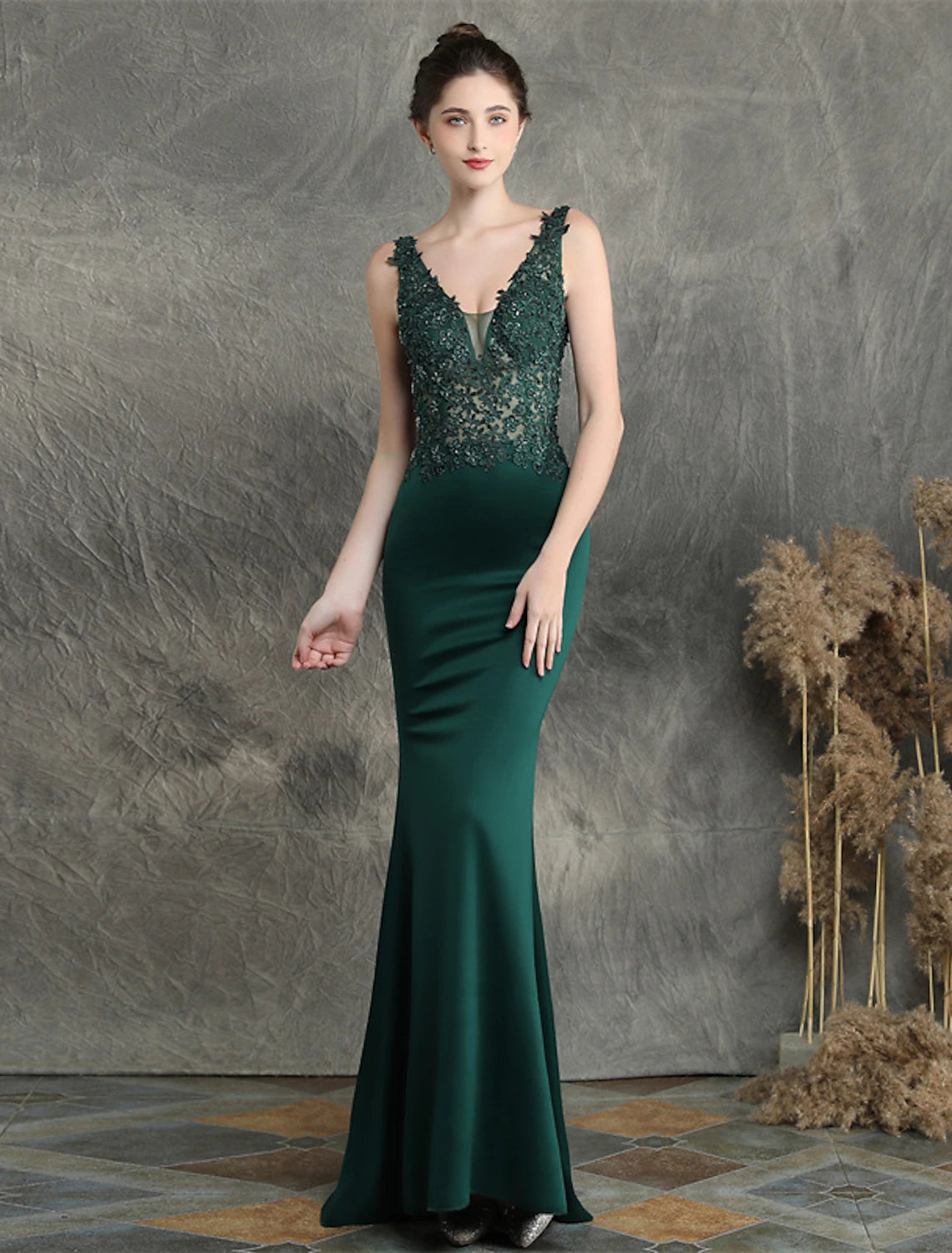 Wholesale Mermaid / Trumpet Evening Gown Open Back Dress Formal Wedding Guest Sweep / Brush Train Sleeveless V Neck Cotton Blend with Beading Appliques