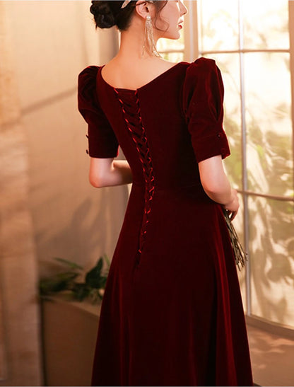 Wholesale A-Line Elegant Vintage Homecoming Cocktail Party Dress Scoop Neck Half Sleeve Tea Length Velvet with Buttons