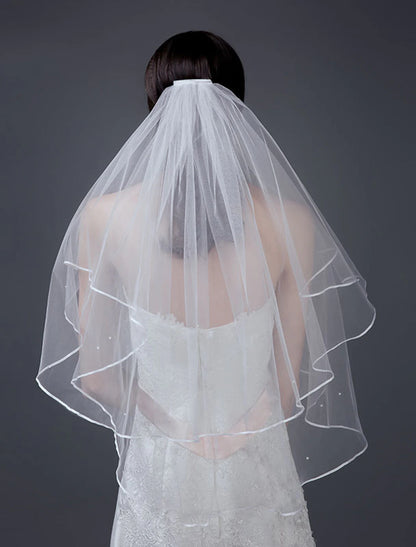 Wholesale Two Layers Short Bridal Veil With Comb Ribbon Edge White Ivory Bride Wedding Accessories