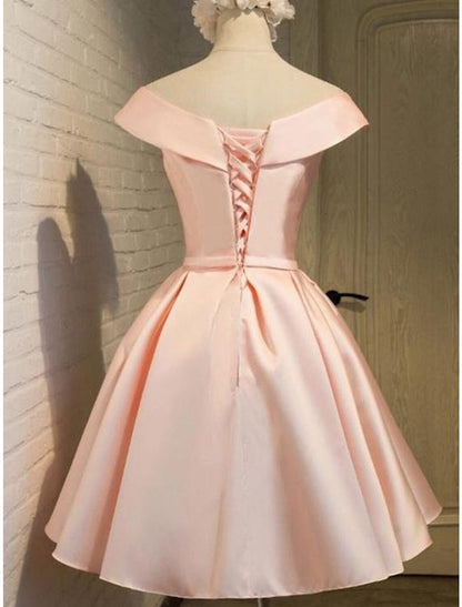 Wholesale A-Line Homecoming Dresses Elegant Dress Holiday Graduation Short / Mini Sleeveless Off Shoulder Pink Dress Satin with Strappy