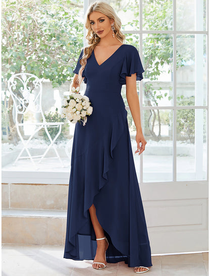 Wholesale A-Line Wedding Guest Dresses Casual Dress Party Wear Wedding Party Asymmetrical Short Sleeve V Neck Bridesmaid Dress Chiffon with Ruffles