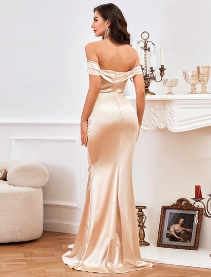 Wholesale Mermaid / Trumpet Minimalist High Split Prom Formal Evening Dress Off Shoulder Sleeveless Floor Length Satin with Ruched