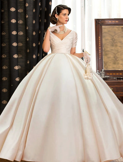 Wholesale Engagement Formal Fall Wedding Dresses Ball Gown V Neck Short Sleeve Court Train Satin Bridal Gowns With Ruched