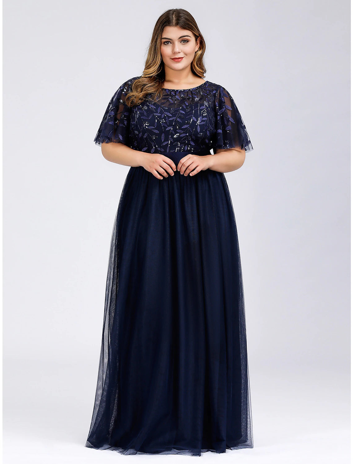 Wholesale  A-Line Prom Dresses Plus Size Dress Wedding Guest Prom Floor Length Short Sleeve Jewel Neck Bridesmaid Dress Chiffon with Appliques