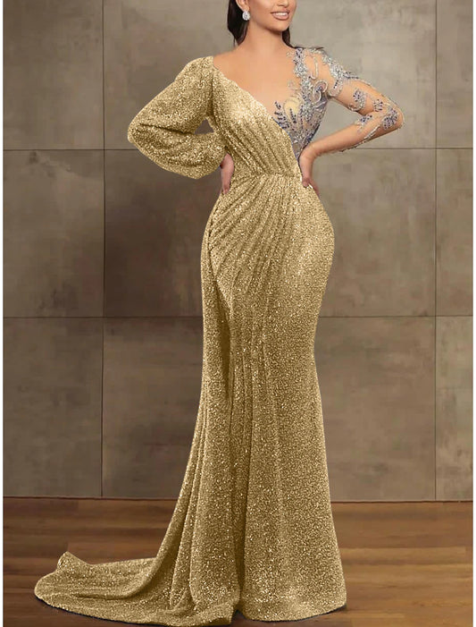 Wholesale Sequin Mermaid / Trumpet Evening Gown Champagne Gold Elegant Dress Formal Christmas Red Green Dress Court Train Long Sleeve Illusion Neck Sequined with Pleats