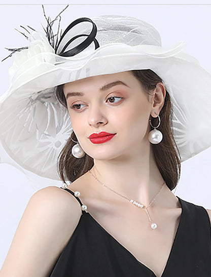 Wholesale Fascinators Kentucky Derby Hat Headwear Polyester Organza Sun Hat Top Hat Veil Hat Holiday Beach Elegant Vintage With Feather Lace Side Headpiece Headwear