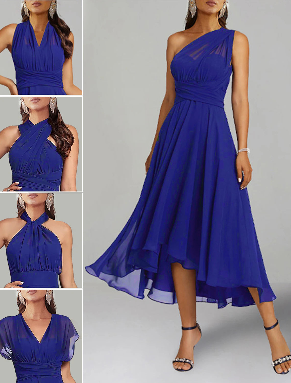 Wholesale A-Line Blue Wedding Guest Dresses Convertible Infinity Mother Dress Formal Tea Length Sleeveless One Shoulder Chiffon with Ruched