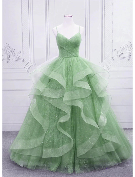 Wholesale Ball Gown Prom Dresses Glittering Dress Formal Prom Floor Length Sleeveless V Neck Tulle with Glitter Ruffles