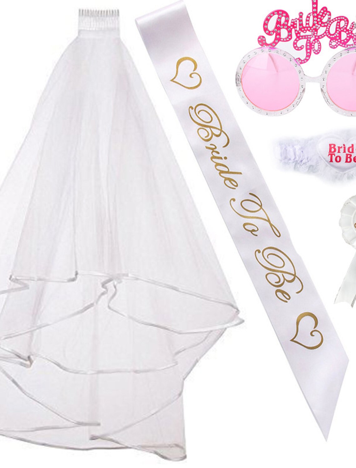 Wholesale Bachelorette Party Bride to Be Kit-1 White Double Ribbon Edge Center Cascade Bridal Wedding Veil with Comb 1 Bride to Be Satin Sash 1 Badge 1 leg lace.1 Pink Bride to be glasses